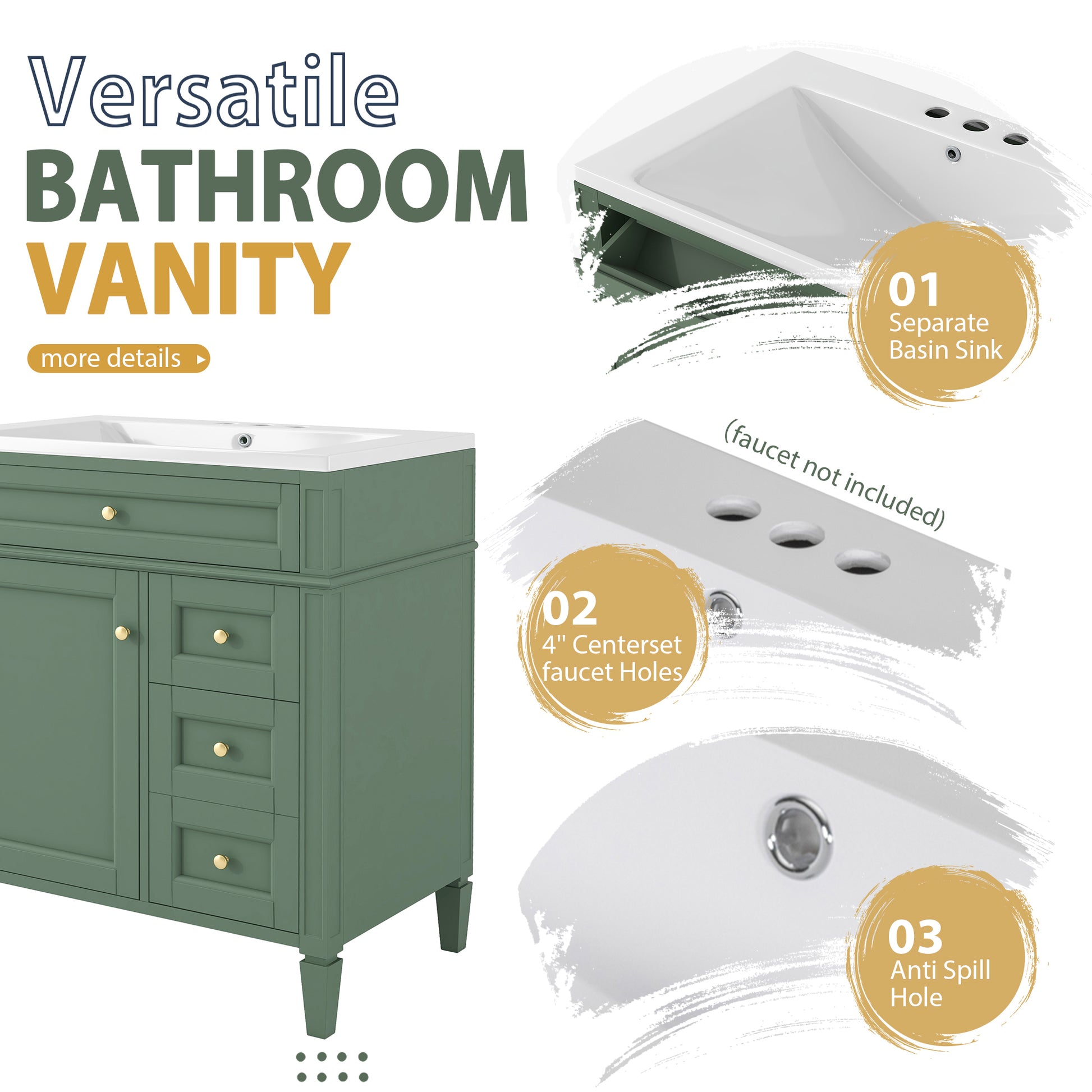 30'' Bathroom Vanity With Top Sink, Modern Bathroom Storage Cabinet With 2 Drawers And A Tip Out Drawer, Freestanding Vanity Set With Mirror Cabinet, Single Sink Bathroom Vanity 3 Green 2 4 Adjustable Hinges Bathroom Freestanding Solid Wood Mdf Resin