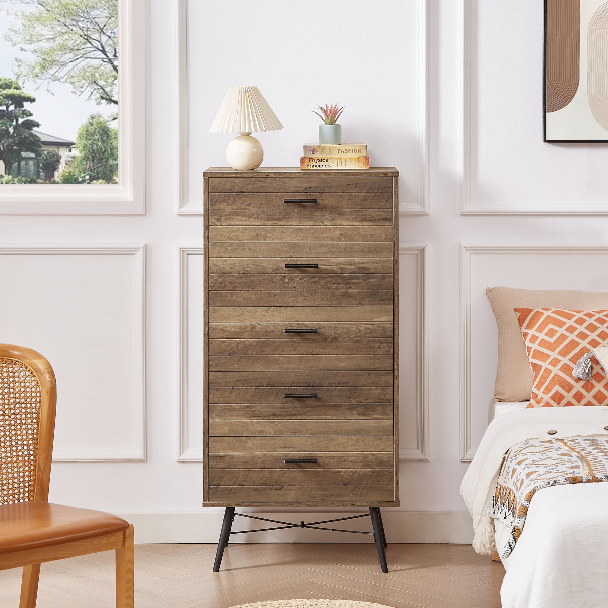 5 Drawer Chest Spacious And Stylish Chest Of Drawers, Dresser For Bedroom, Closet, Hallway, 23.6"W X 15.7"D X 48"H, Rustic Walnut Chest 5 Or More Drawers Walnut Brown Brown Bedroom Rustic,Vintage Particle Board