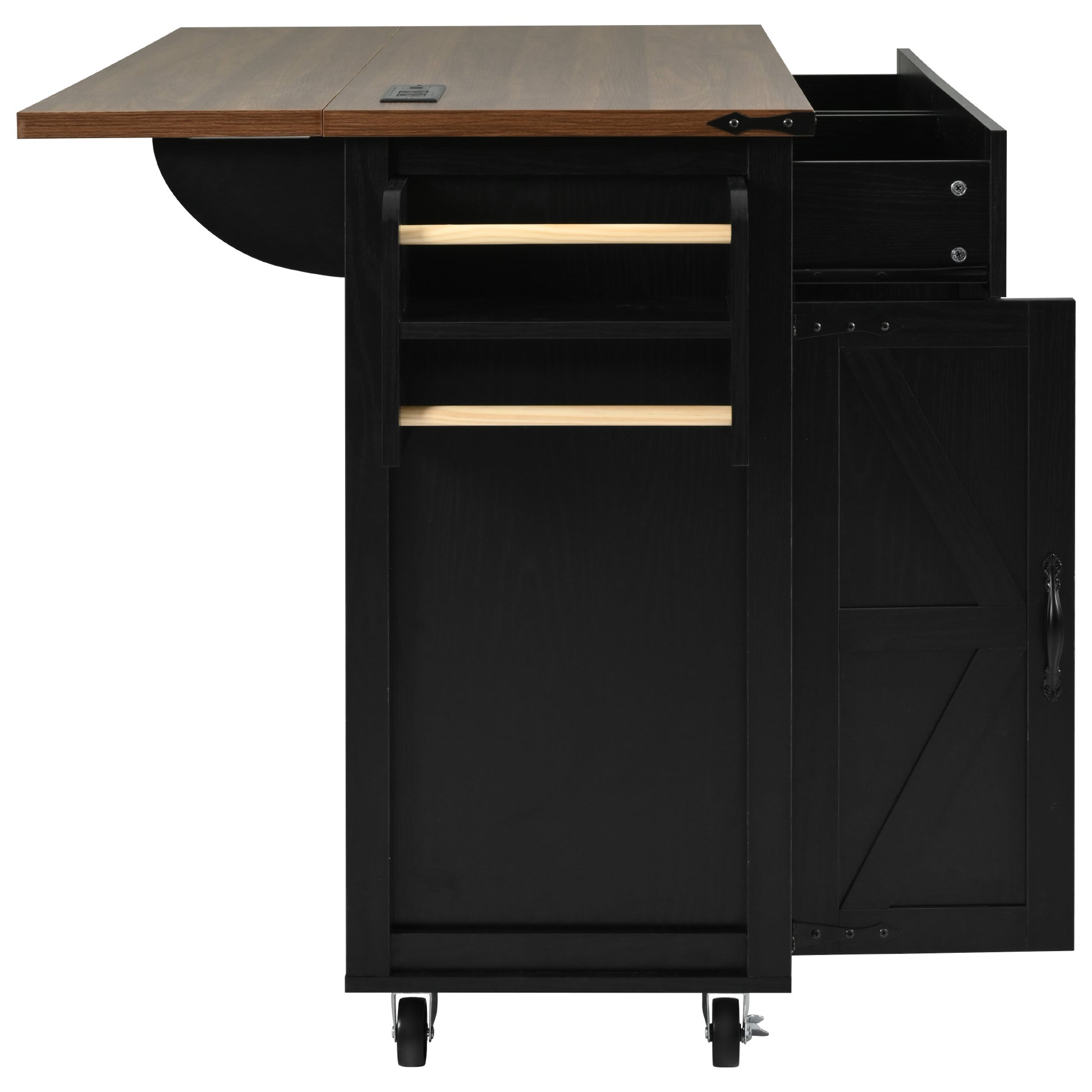 K&K 53.5''Farmhouse Kitchen Island With Power Outlet, Kitchen Storage Island With Drop Leaf, Spice Rack And Drawer, Rolling Kitchen Cart On Wheels, For Home, Kitchen And Dining Room, Black Black