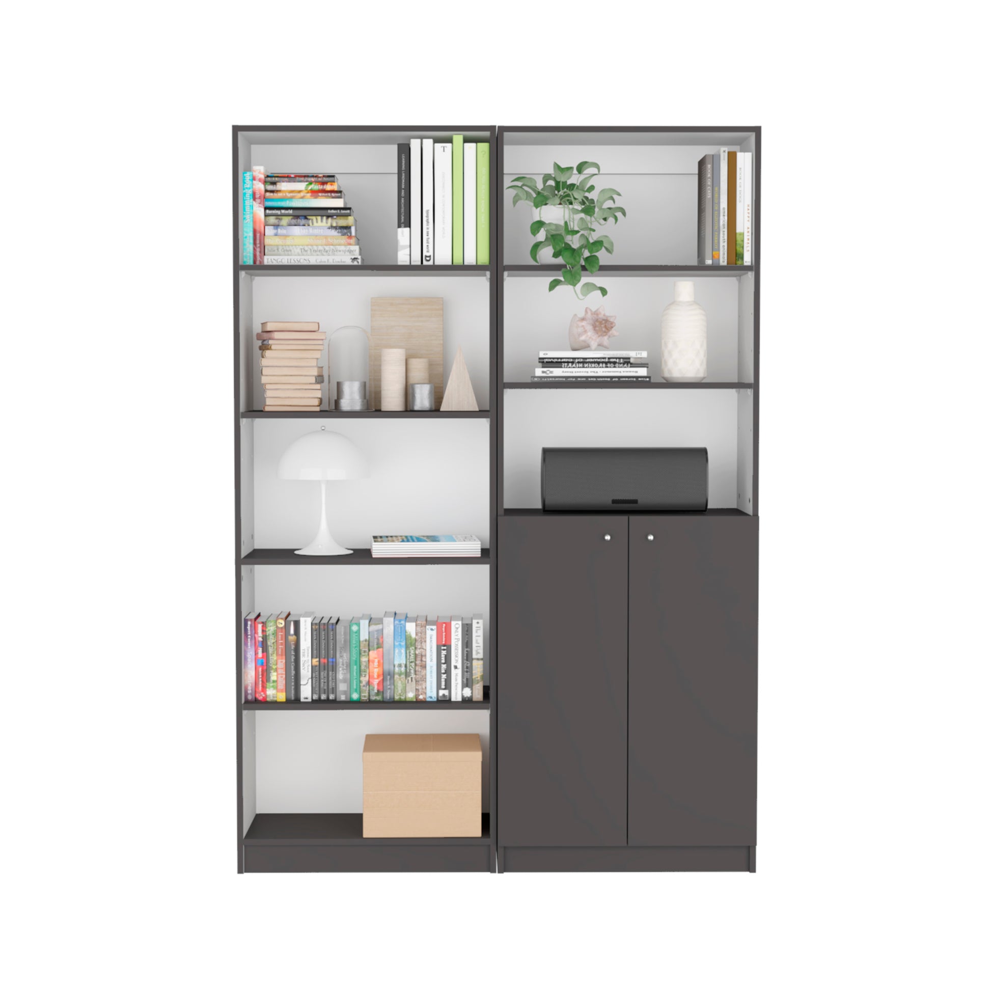 Layton 2 Piece Home Bookcase Set, 49" Wide With 8 Shelves And Double Door Cabinet, Living Room Set Matte Gray White Freestanding 5 Or More Shelves Matte Multicolor Office Adjustable Shelves Modern Particle Board