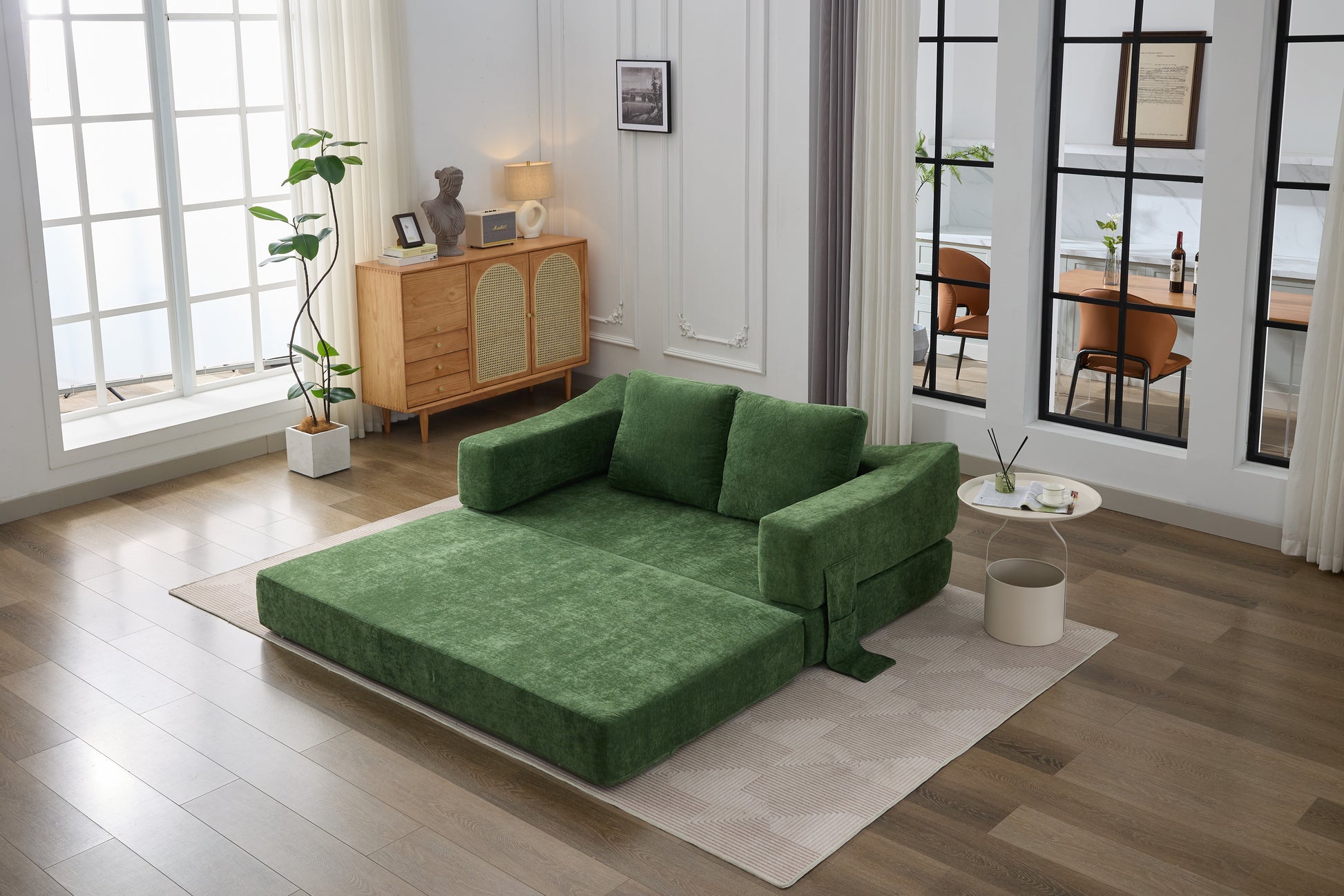 Modern Minimalist Sofa, Fold Out Sofa Bed, Convertible Chair Floor Couch & Sleeping Mattress For Living Room, Bedroom, Apartment, Removable Backrest, Green Green Chenille Soft Vintage Chenille 2 Seat