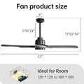 52 Inch Ceiling Fan With Dimmable Led Light 5 Solid Wood Blades Smart Remote Control Reversible Dc Motor Ceiling Fan Black For Home Black Metal & Wood