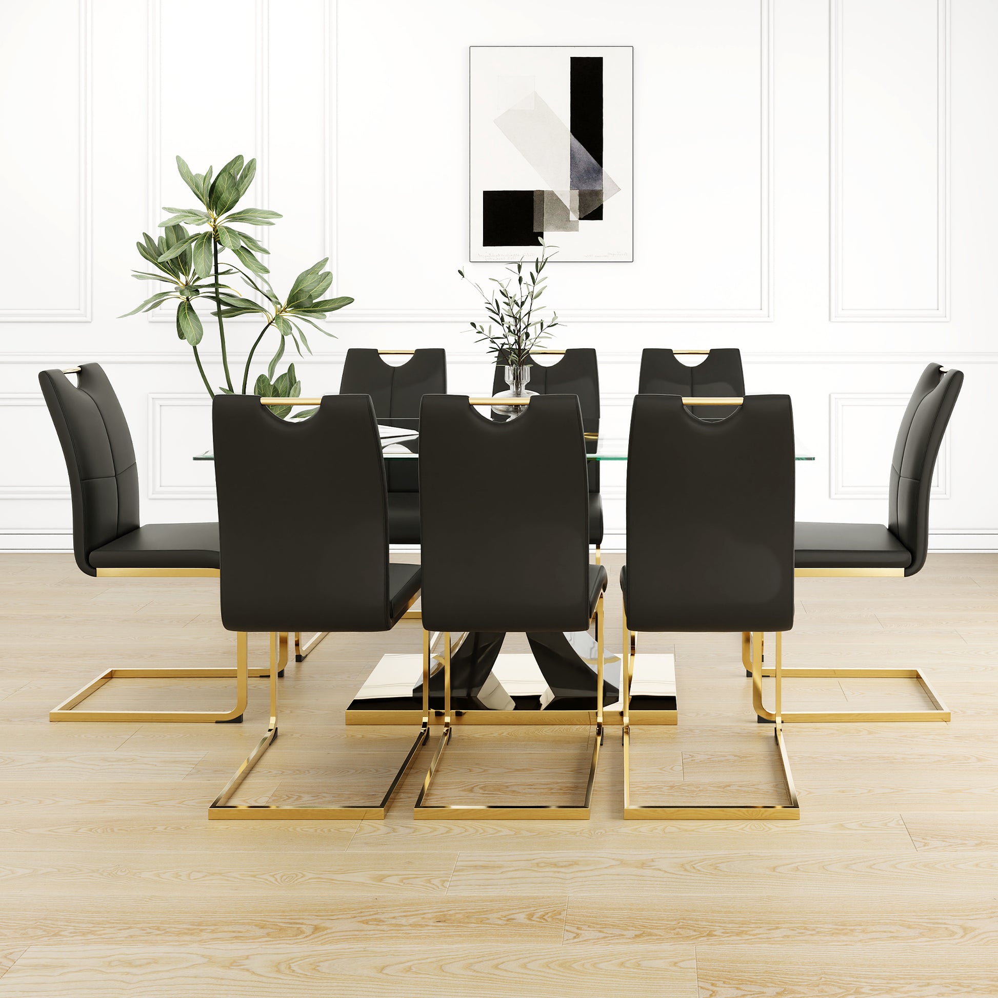 Modern Style Glass Dining Table, Elegant Transparent Design, Solid Support Base, Black Dining Chair Set, Gold Plated Chair Legs, Suitable For Restaurant Kitchen Use Set Of 9 Metal Glass Black Gold Mdf Metal