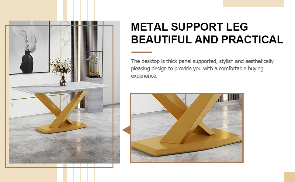 Table And Chair Set, The Table Is Equipped With A Marble Patterned Mdf Tabletop And Gold Table Legs.Dining Chairs,Gold Legged Upholstered Chairs Made Of Artificial Leather. Gold White Seats 6 Mdf
