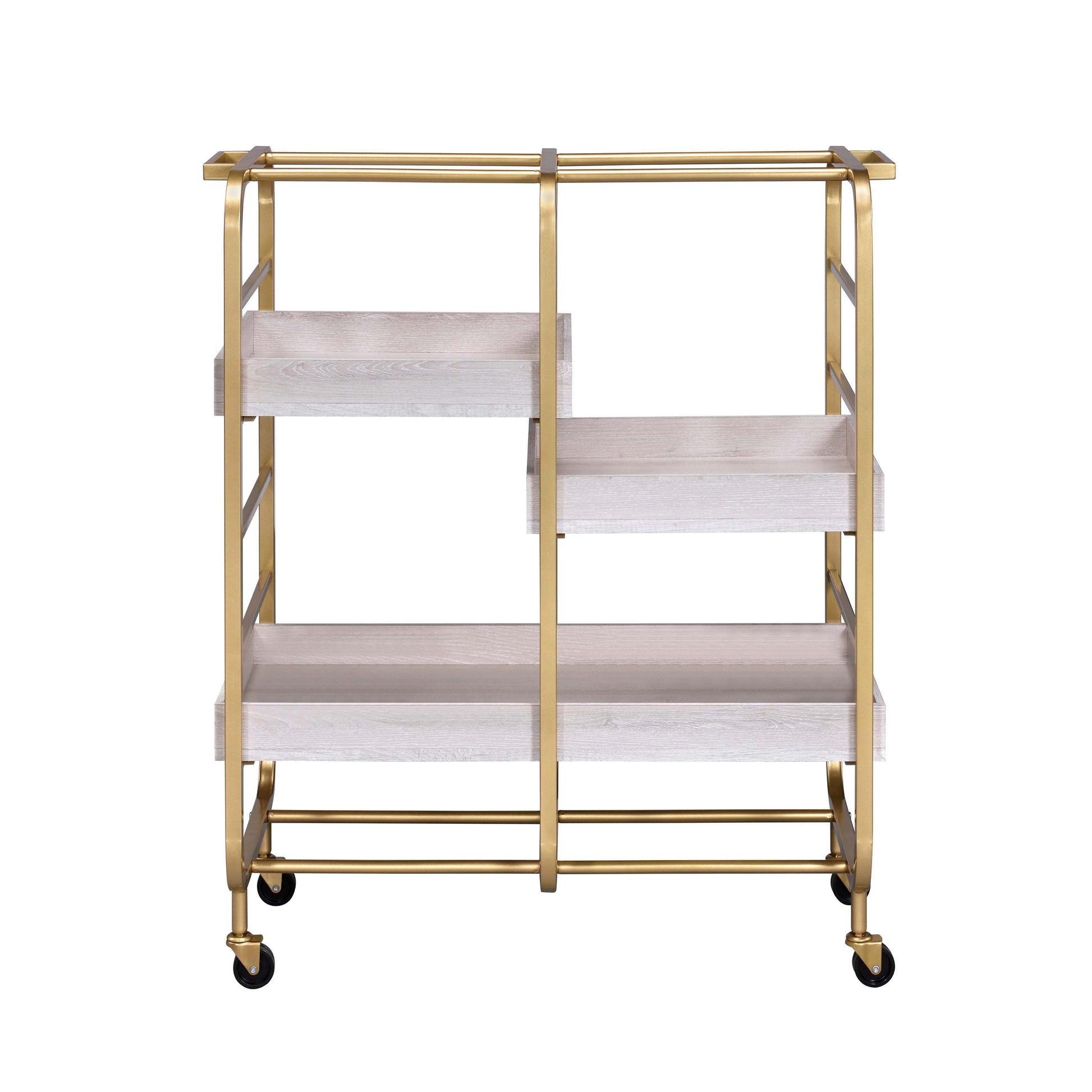 Gold And White Washed Serving Cart With 3 Adjustable Trays Gold White Dining Room Contemporary Rectangular Kitchen Carts Wood Metal