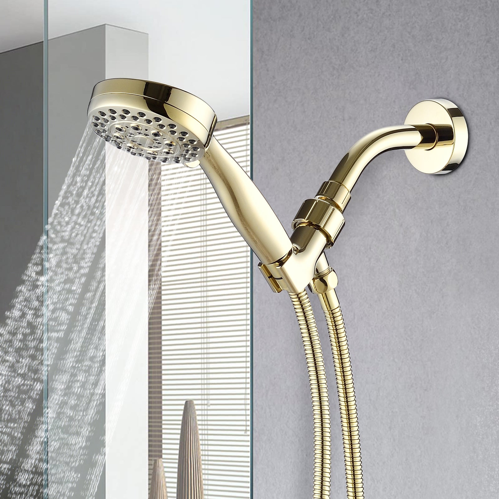 Polished Gold Wall Mounted Handheld Shower Head With 5 Adjustable Settings And Hose Polished Golden Stainless Steel