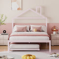 Full Size Metal Platform Bed With Twin Size Trundle,House Shaped Headboard Design, Pink Full Pink Metal