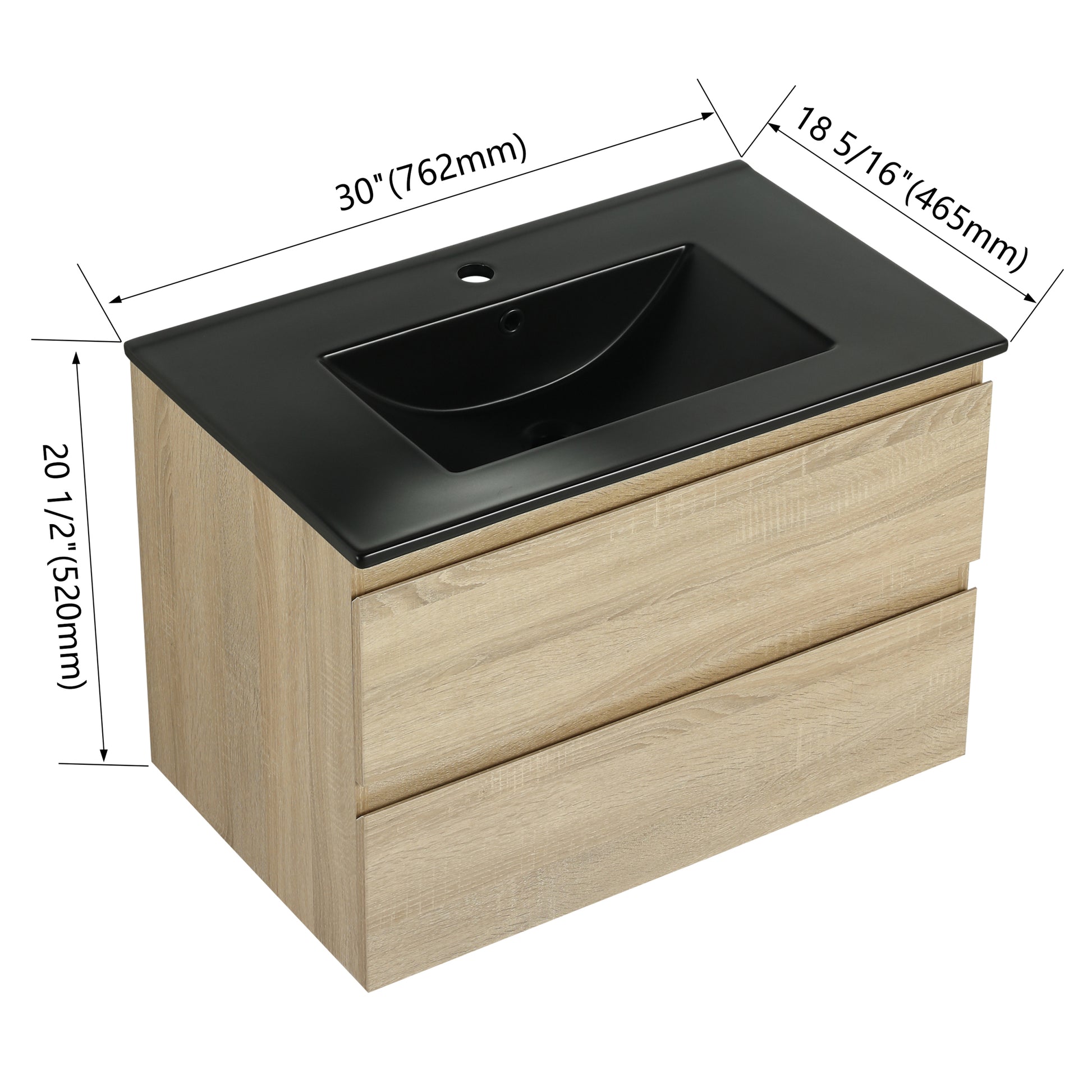 30" Wall Mounted Bathroom Vanity With Black Ceramic Sink, 2 Soft Close Drawers, Kd Package 2 Light Oak Bathroom Wall Mounted Modern Plywood