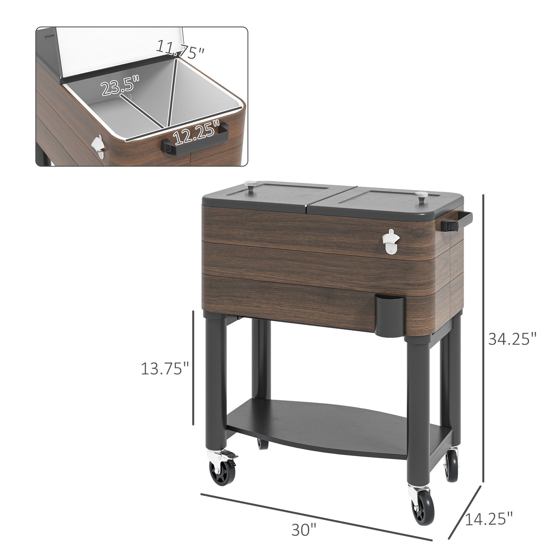 Outsunny Outdoor Cooler Cart, Rolling Beverage Ice Chest, Rugged Steel Patio Cooler With Locking Wheels, 60 Quart Capacity For Poolside Bbqs, Brown Brown Plastic