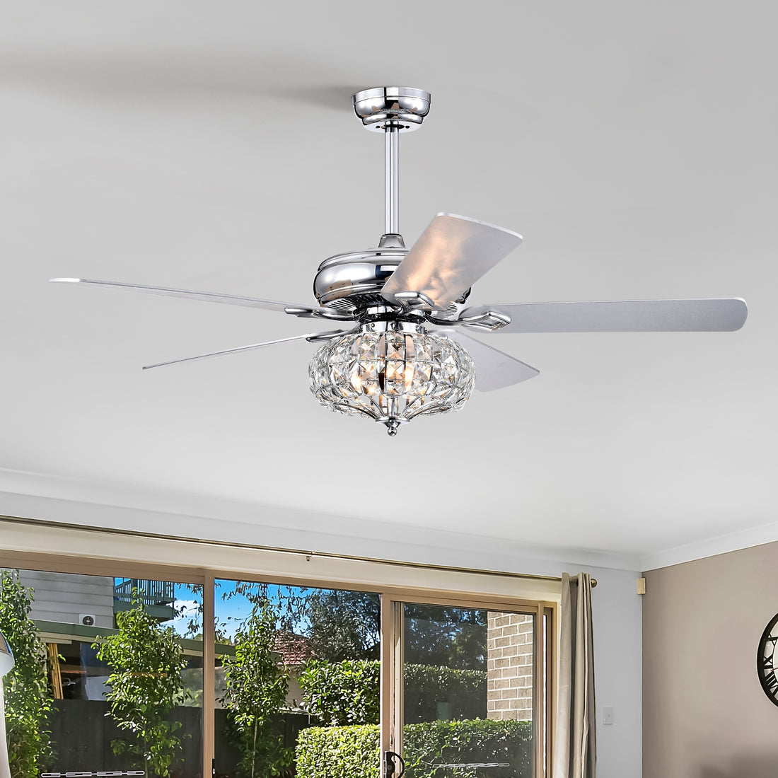 52'' Crystal Shade Ceiling Fan Lamp With Remote Control 3 Speed High, Mid, Low 5 Reversible Blades For Living Room, Dining Room, Bedroom, Family Room, Chrome ,3Pcs*E26 No Include Bulb Chrome American Traditional,Antique,Classic,Contemporary Crystal Metal