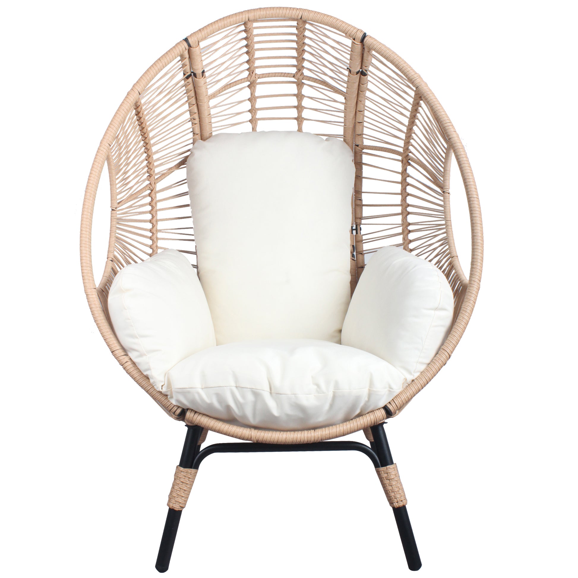 3 Pieces Patio Egg Chairs Model 2 With Side Table Set,Natural Color Pe Rattan And Beige Cushion Yes Natural Complete Patio Sets Foam Steel