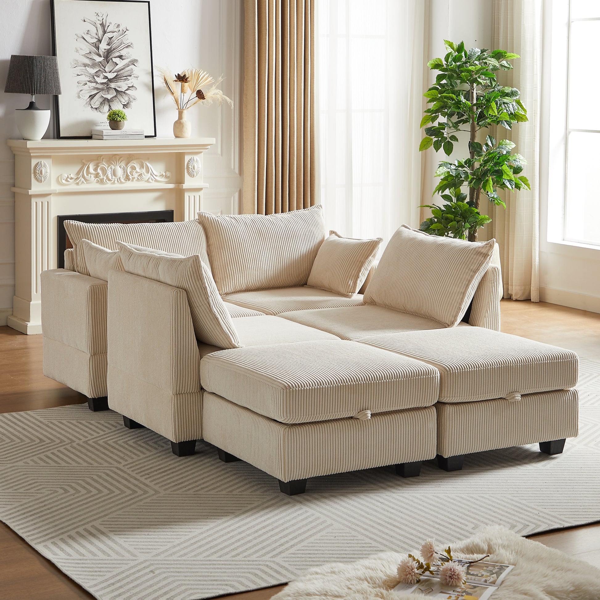 113.5'' Modular Sectiona Corduroy Sofa, Sectional Couches For Living Room U Shaped Sectional Couch With Storage Ottoman, 6 Seats Convertible Sectionals With Chaise Beige Corduroy 3 Seat