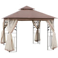 Outsunny 10' X 10' Metal Patio Gazebo, Double Roof Outdoor Gazebo Canopy Shelter With Tree Motifs Corner Frame And Netting, For Garden, Lawn, Backyard, And Deck, Brown Brown Polyester