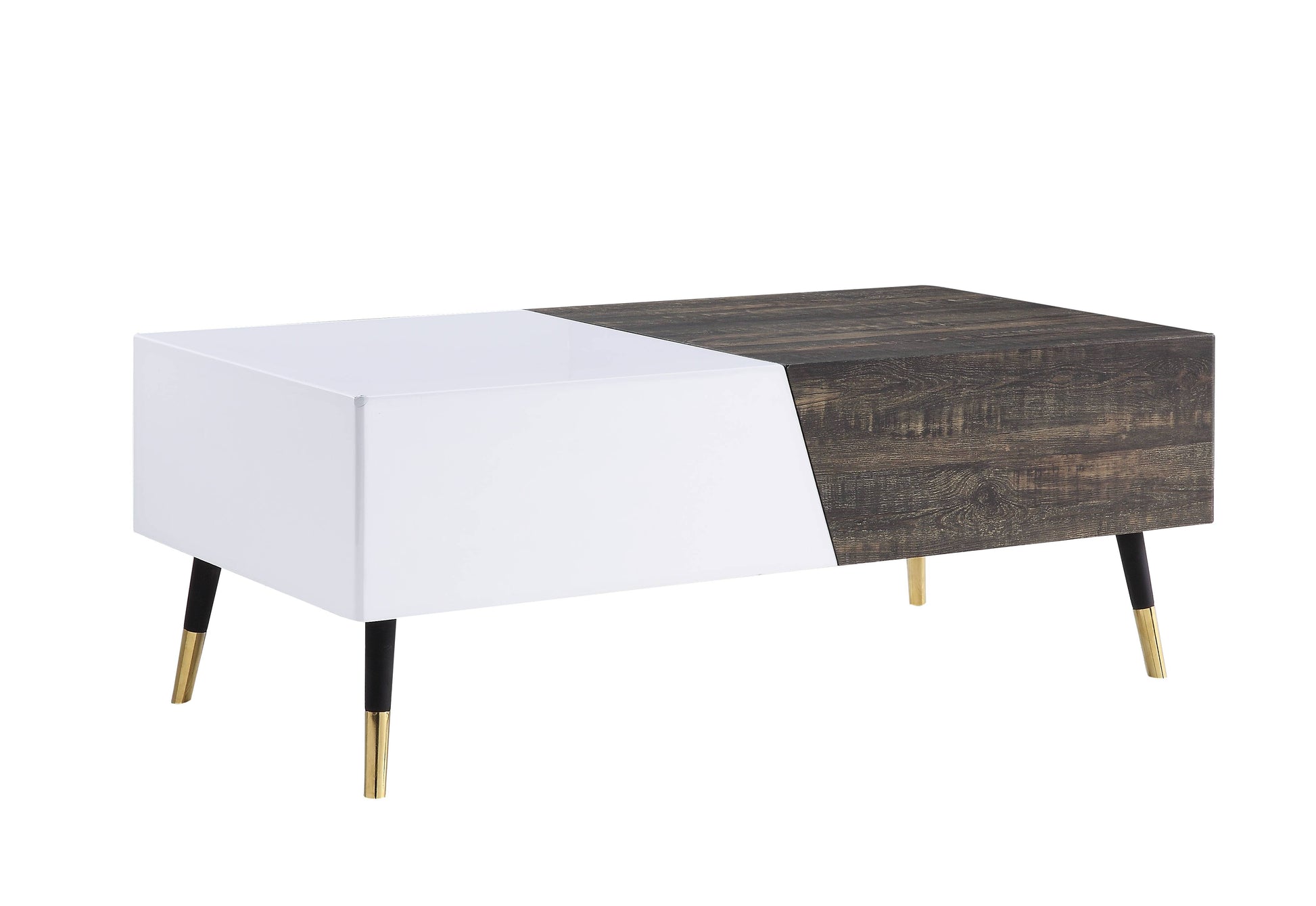 White High Gloss And Rustic Oak Coffee Table With Metal Leg White Oak Primary Living Space Rectangular Wood Metal