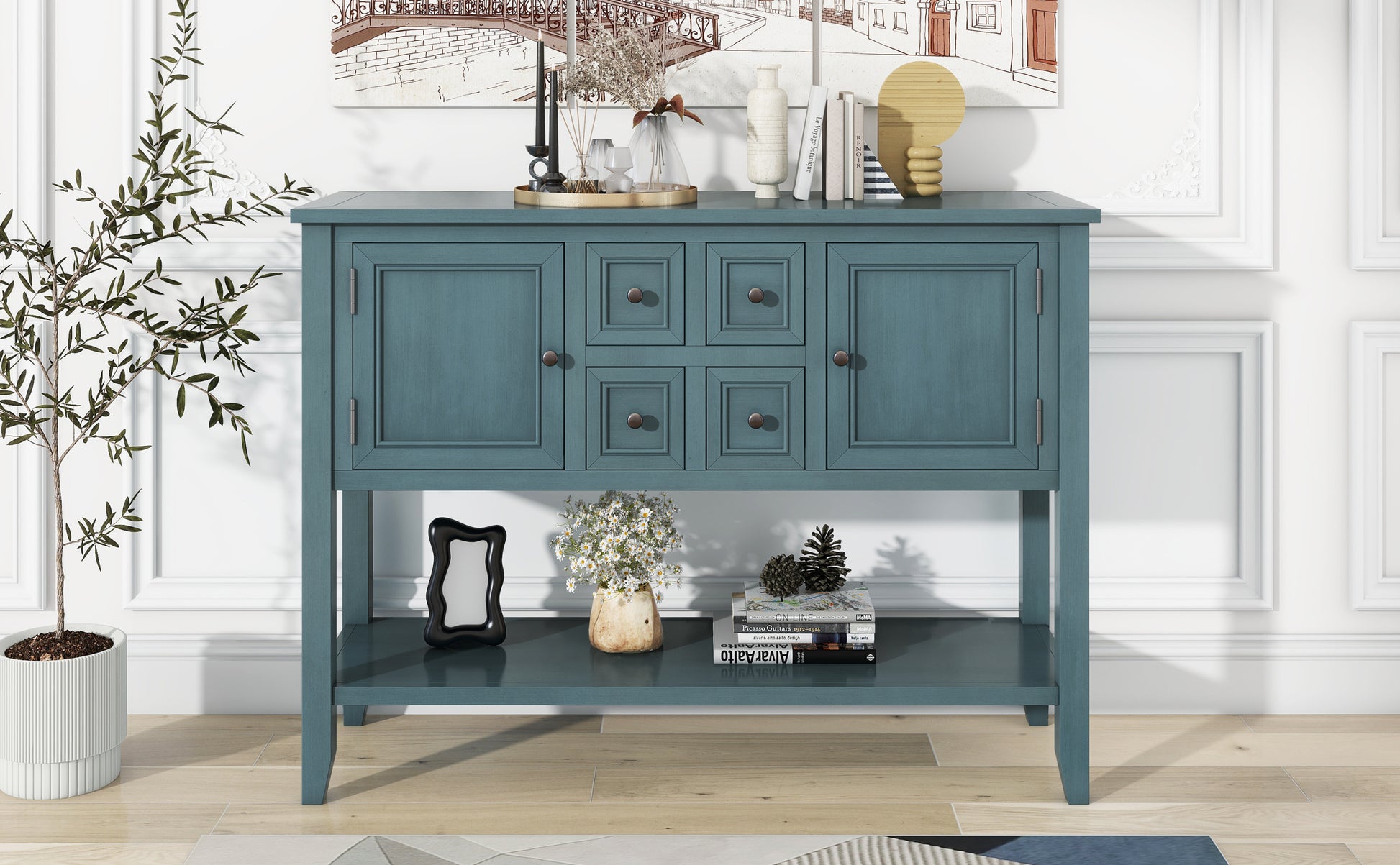 Cambridge Series Large Storage Vintage Console Table With Four Small Drawers And Bottom Shelf For Living Rooms, Entrances And Kitchens Dark Blue,Old Sku: Wf190263Aam Dark Blue Solid Wood Mdf