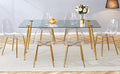 Table And Chair Set.Modern Rectangular Glass Dining Table With Tempered Glass Countertop And Golden Metal Legs, Paired With Multiple Transparent High Quality Pet Dining Chairs With Golden Legs. Gold Seats 6 Tempered Glass