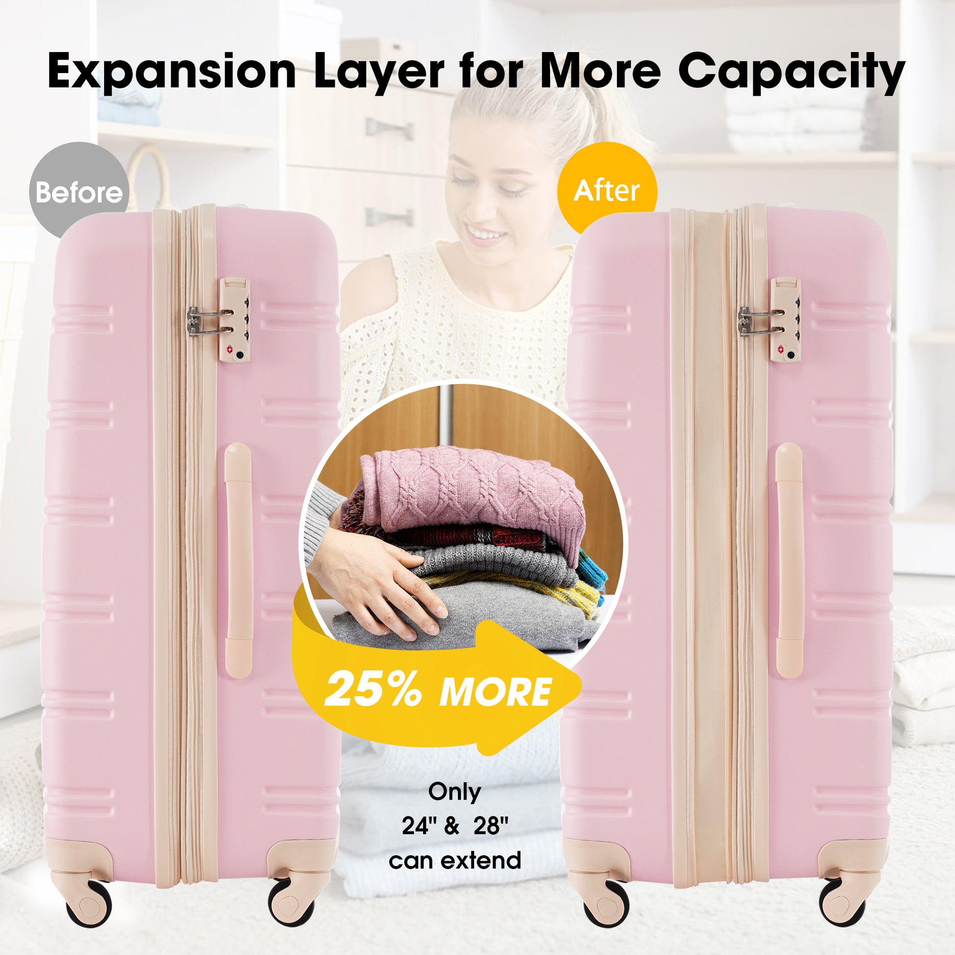 Hardshell Luggage Sets 4 Pcs Bag Spinner Suitcase With Tsa Lock Lightweight 16" 20" 24" 28" Luggages Light Pink Abs