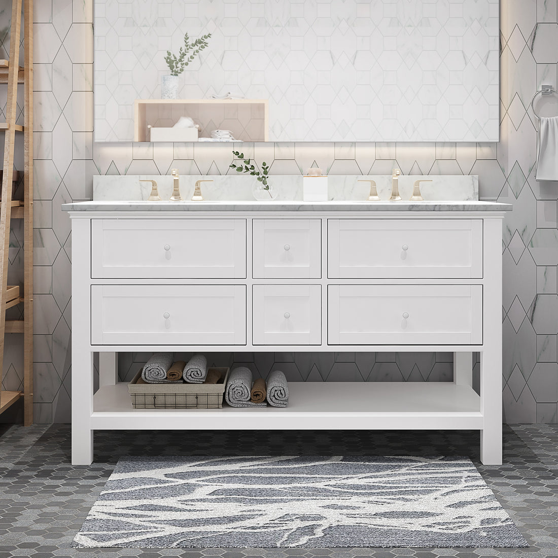 61'' Bathroom Vanity With Marble Top & Double Ceramic Sinks, 4 Drawers, Open Shelf, White White Plywood