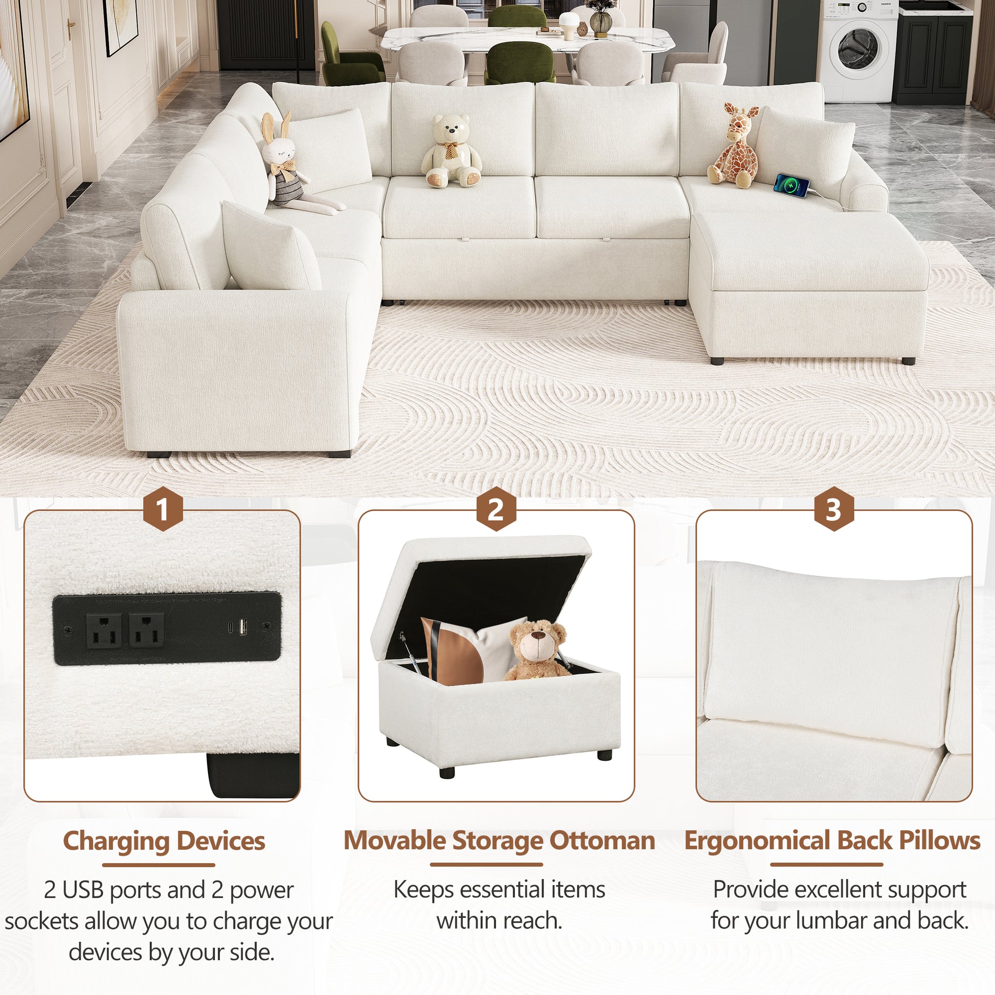 112.2" Sectional Sofa Pull Out Sofa Bed Sleeper With A Storage Ottoman,Three Pillows And Charging Devices For Living Room, Cream Cream Foam Chenille 6 Seat