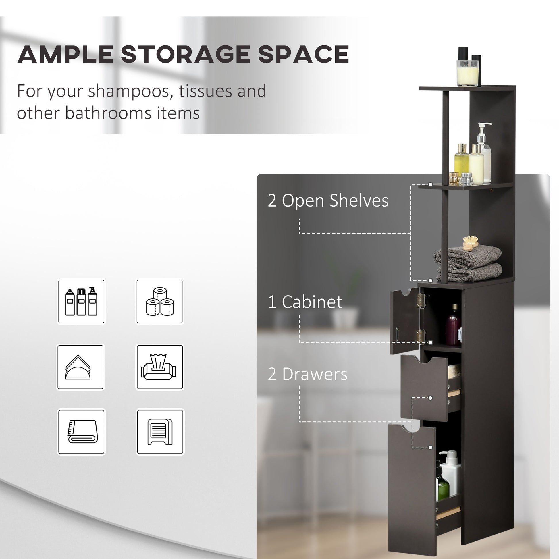 Homcom 54" Tall Bathroom Storage Cabinet, Freestanding Linen Tower With 2 Tier Shelf And Drawers, Narrow Side Floor Organizer, Brown Brown Mdf