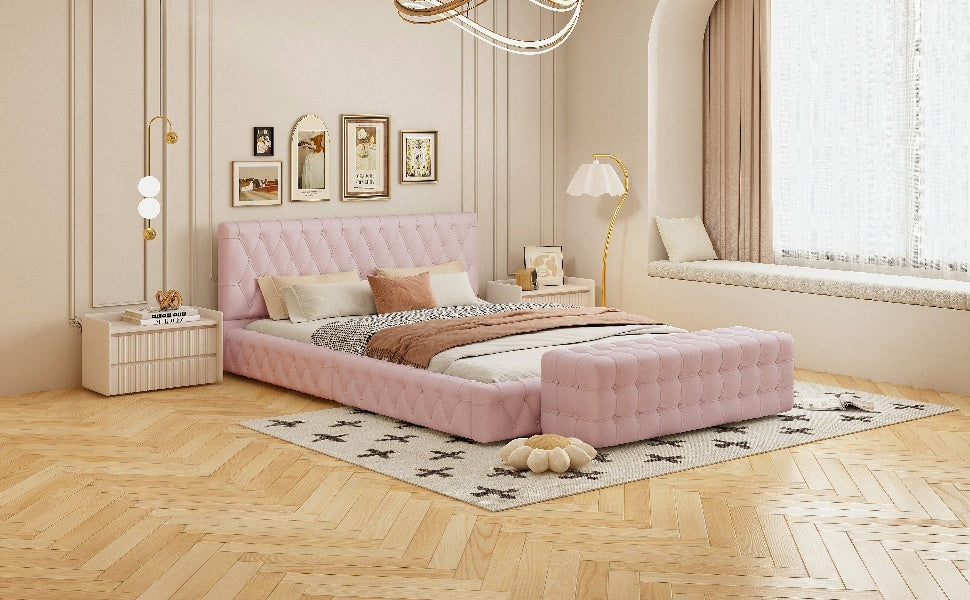 2 Pieces Bedroom Sets Queen Size Upholstered Bed With Rectangular Upholstered Ottoman For Bedroom,Pink Queen Pink 2 Piece Set Solid Wood Mdf