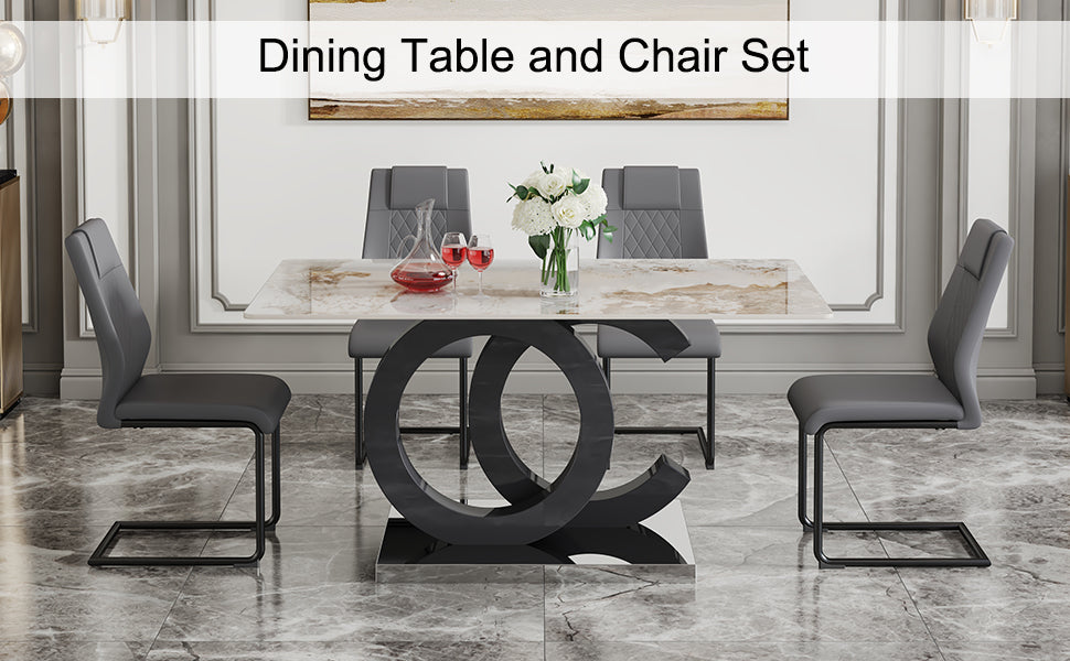 Table And Chair Set.63"X31.5" Marble Pattern Sintered Stone Table With Mdf Oc Shaped Bracket.Paired With 4 Dark Gray Pu Chairs With Black Metal Legs.Suitable For Kitchen,Dining Room,Etc. Black,Dark