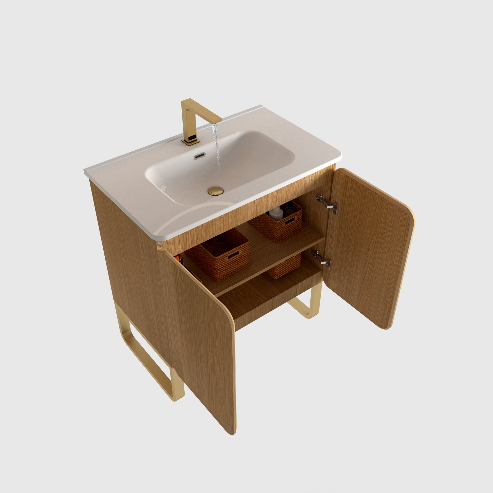 U093 Dalia30F 107 30" Freestanding & Wall Mounted Light Wood Bathroom Vanity With Ceramic Sinklarge Storage Vanity 2 Doors And Metal Support For Modern Bathrooms, Kd Light Oak Bathroom Modern Plywood
