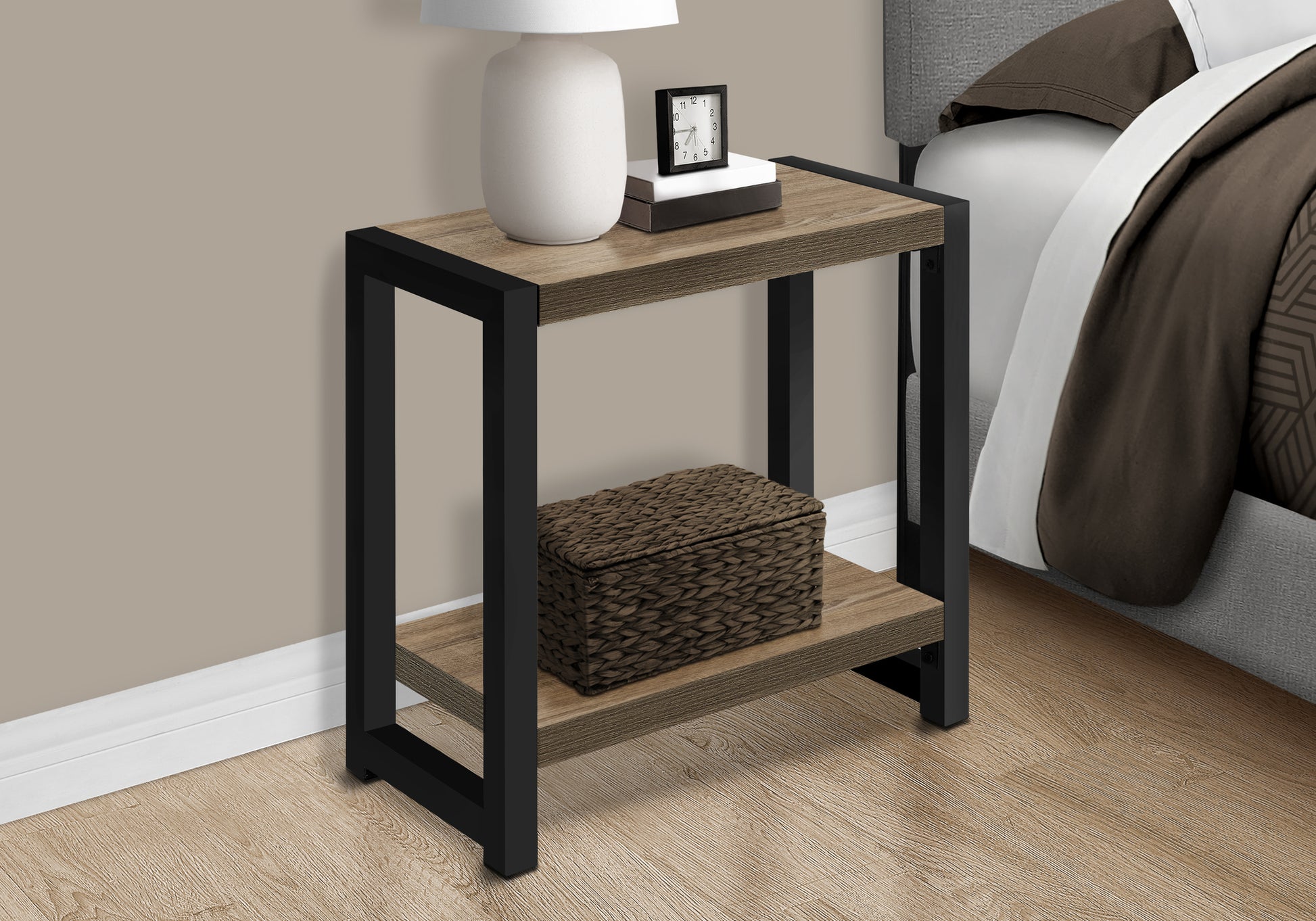 Accent Table, Side, End, Narrow, Small, 2 Tier, Living Room, Bedroom, Brown Laminate, Black Metal, Contemporary, Modern Taupe Particle Board