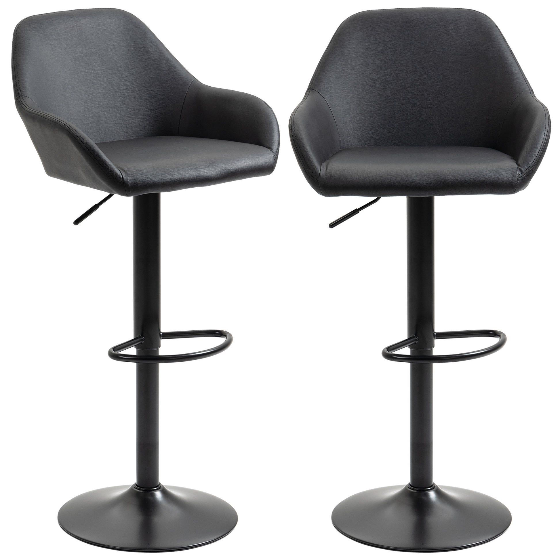 Homcom Adjustable Bar Stools, Swivel Counter Height Barstools With Footrest And Back, Pu Leather And Steel Round Base, For Kitchen Counter And Dining Room, Set Of 2, Black Black Steel