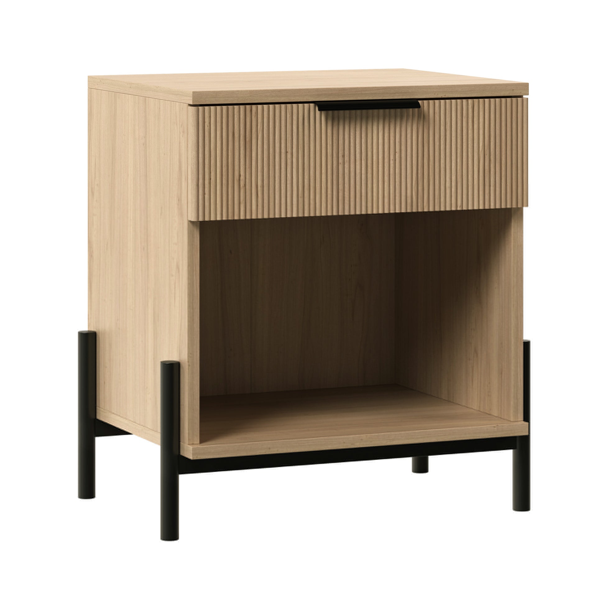 Modern Fluted Drawer Nightstand With Open Cubby Coastal Oak Light Brown Mdf Mdf