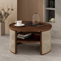 2 Tiered Round Walnut Wood Coffee Table With Storage Rattan Base In 31.3'' Walnut Rubber Wood