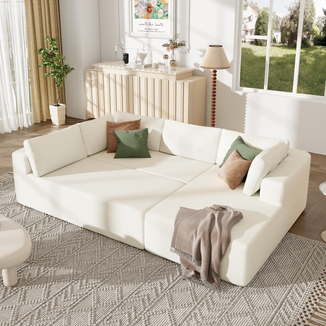 Modern Large Modular Sectional Sofa For Living Room, Bedroom, Salon, 3 Piece Free Combination Beige Polyester 3 Seat