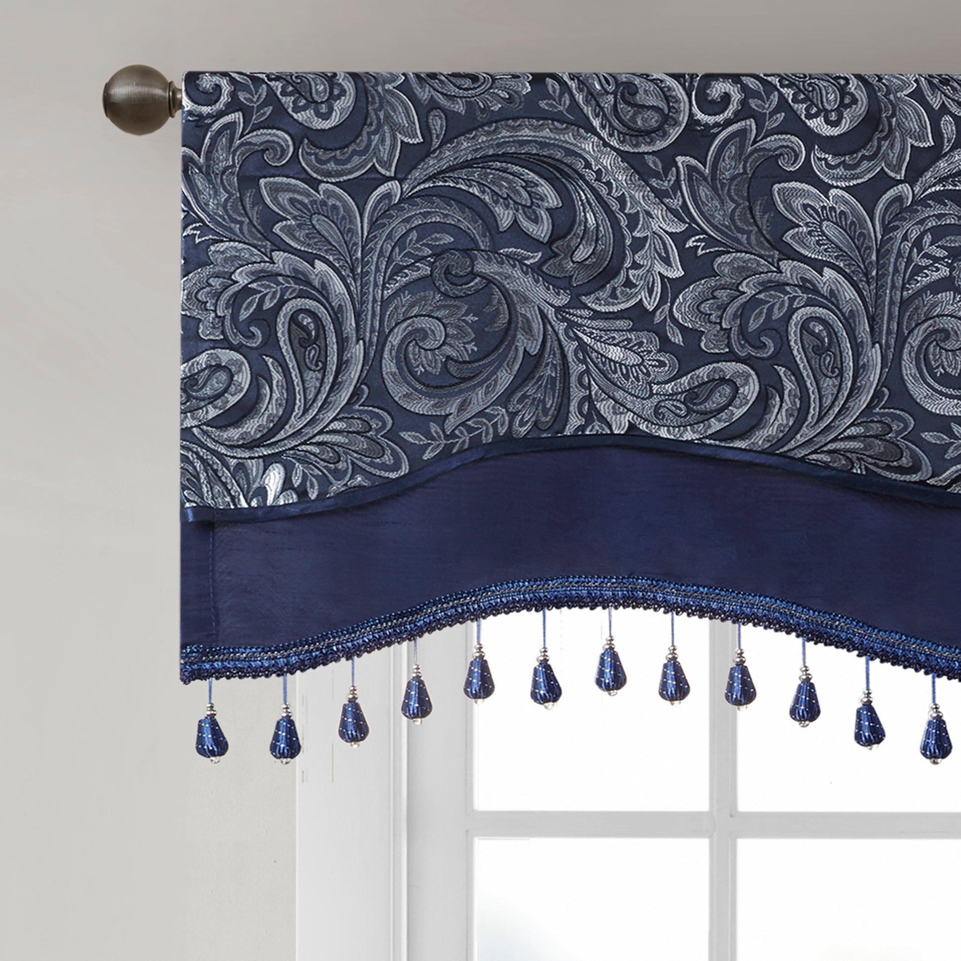 Jacquard Window Rod Pocket Valance With Beads Navy 50X18" Navy Polyester