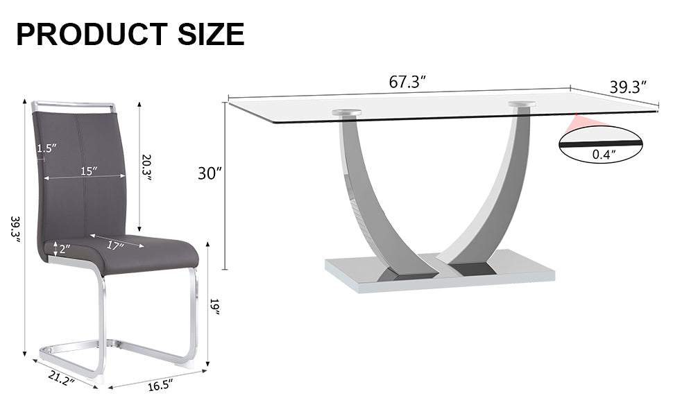 Table And Chair Set. Large Modern Rectangular Table With Glass Top And Silver Metal Legs. Furnished With Soft And Comfortable Pu Chairs With Faux Leather Upholstered Seats And Silver Metal Legs. Gray Silver Seats 8 Glass Metal