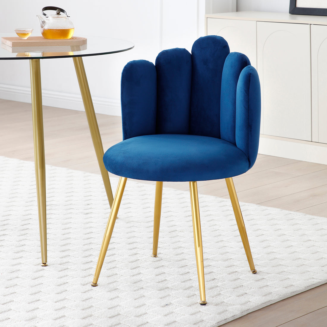 Modern Velvet Dining Chairs Set Of 2, Upholstered Woven Dining Chair With Golden Metal Legs, Upholstered Dining Chairs For Dining Room, Kitchen, Vanity, Living Room Blue Primary Living Space Foam Velvet