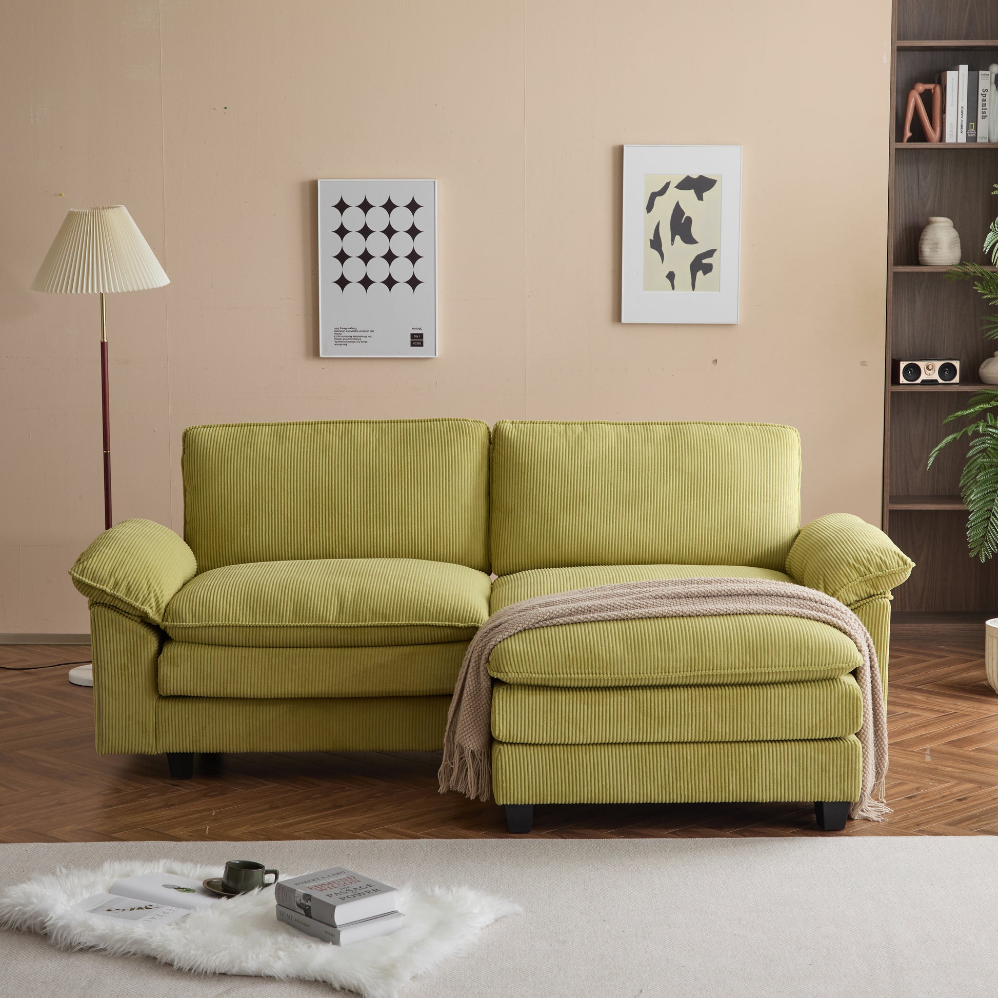 Modular Sectional Sofa With Movable Ottoman,L Shaped Corduroy Fabric Couch With High Supportive & Soft Sponges And Removable Ottoman, Sleeper Comfy Upholstered Furniture For Living Room,Green Green