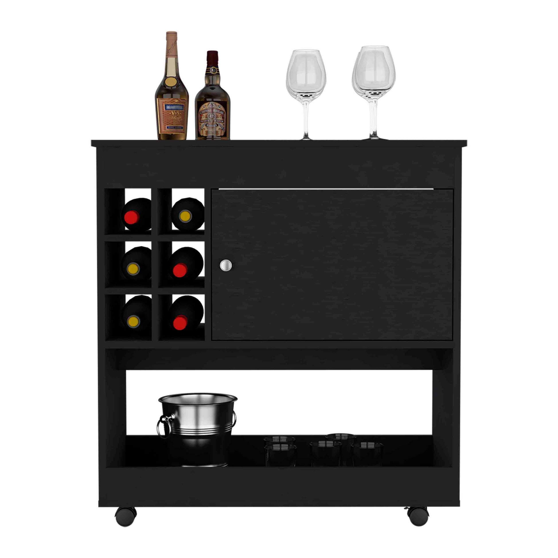 37" H Light Black Bar Coffee Cart, Kitchen Or Living Room Cabinet, With 4 Wheels, Central Storage With 2 Doors, Division For 6 Bottles And A Shelf With A Wooden Front On The Bottom. Black Particle