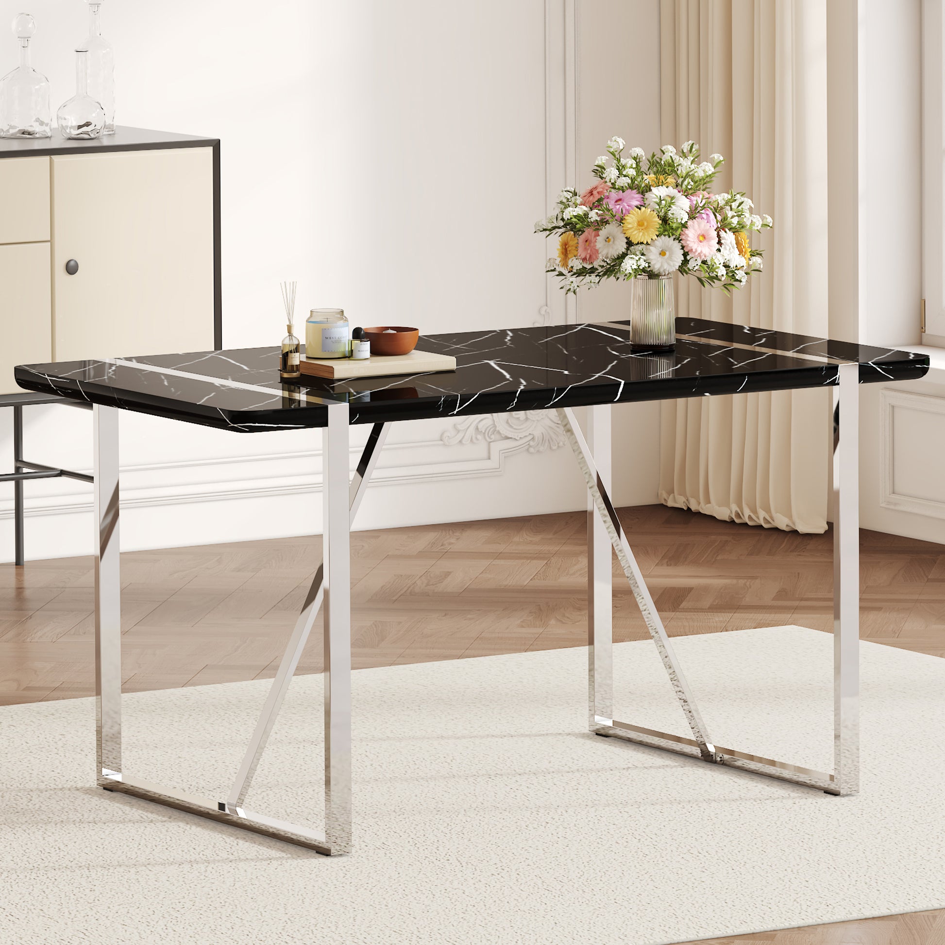 A Rustic Industrial Rectangular Mdf Black Dining Table For 4 6 People, With A 1.5 "Thick Mdf Desktop And Electroplated Metal Legs, Used For Writing Tables, Kitchens, Terraces, Dining