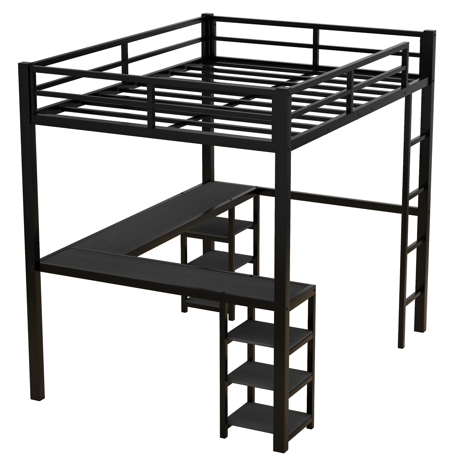 Full Metal Loft Bed With Desk And Shelves, Loft Bed With Ladder And Guardrails, Loft Bed Frame For Bedroom, Black With Black Desk Full Black Metal