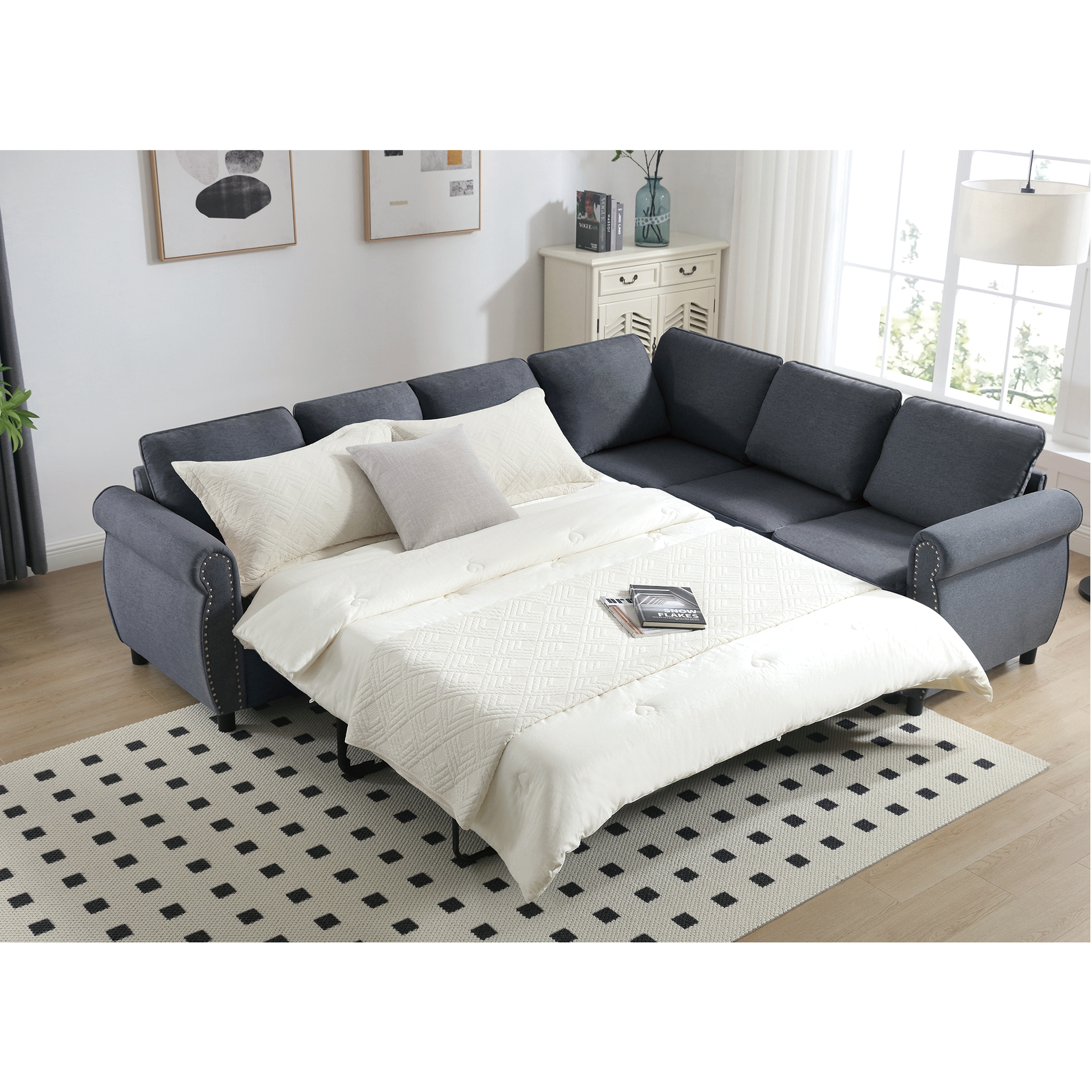 Arrived Sleeper Sofa, 2 In 1 Pull Out Couch Bed,6 Seater Sofa Bed, L Shaped Sleeper Sectional Sofa Couch,Riveted Sofa,104'' Large Combined Sofa Bed In Living Room, Dark Gray Gray Polyester Wood Primary Living Space Medium Soft Cushion Back Modern