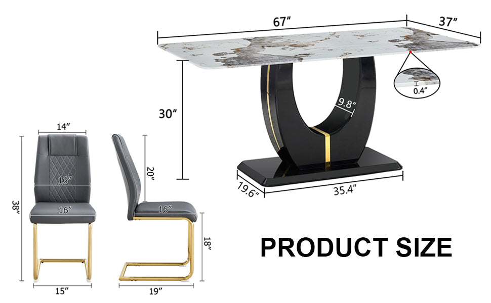 Table And Chair Set, Modern Dining Table, Patterned Table Top And Black Mdf Leg Table, Soft And Comfortable Dining Chair, Perfect For Dinner, Meetings, Home And Office Decor Grey Black Mdf Glass