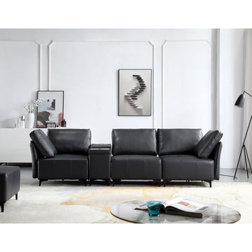 Modular Sectional Sofa,Multifunctional Couches For Living Room With Storage, Mid Console With Speaker And Storage,2 Usb Port And 1 Type C ,Wireless Charging Ceramic Top,Aluminum Cup Holder. Black Faux Leather Wood Primary Living Space Medium Soft Loose