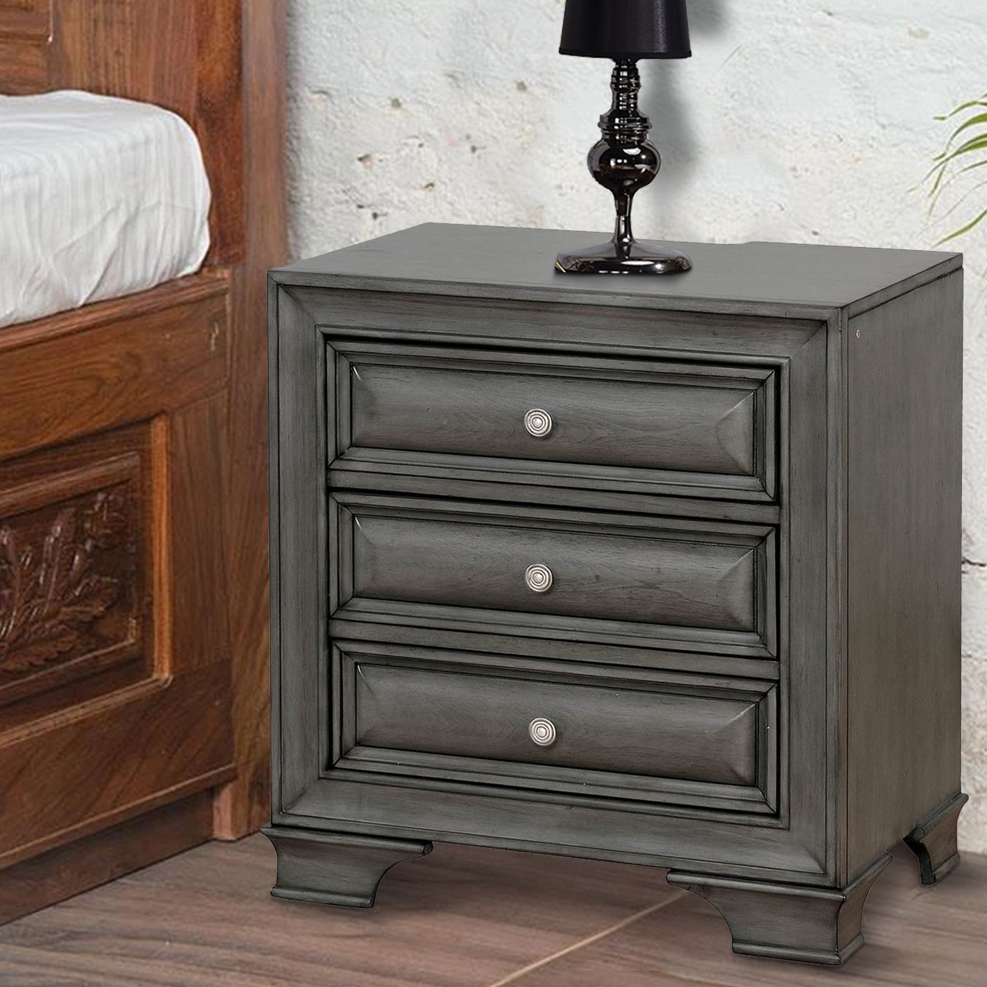 Transitional Wood Night Stand With Night Light, Gray Gray Wood Metal