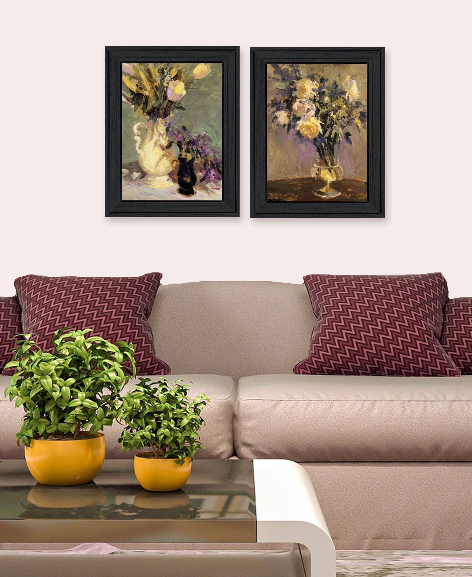 "Abstract Tulips & Lavender Flower Vases" Framed Wall Art For Living Room, Wall Art Print For Home Decor, Bedroom Wall Art By Jg Studio Multicolor Wood Paper