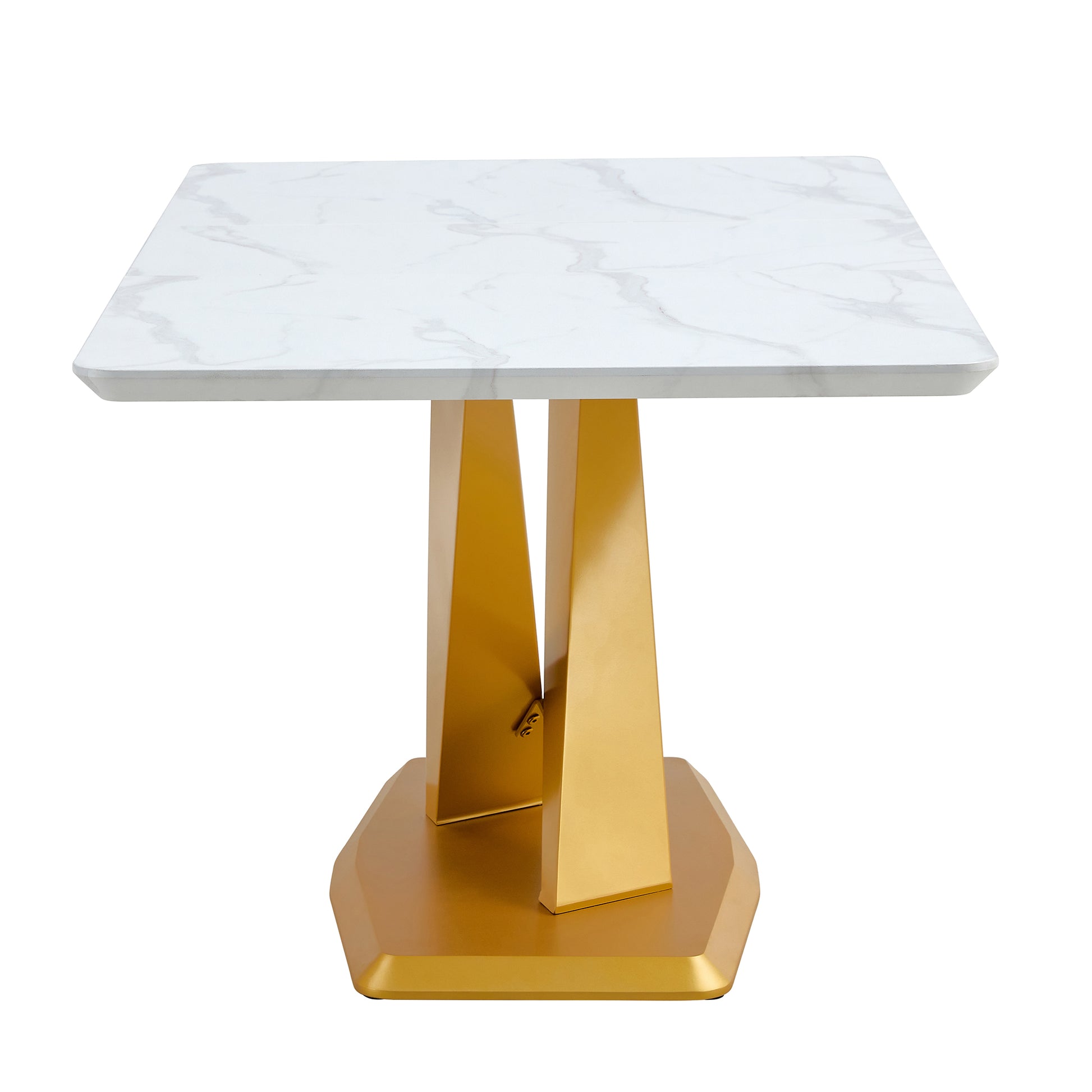 Table And Chair Set, The Table Is Equipped With A Marble Patterned Mdf Tabletop And Gold Table Legs.Dining Chairs,Gold Legged Upholstered Chairs Made Of Artificial Leather. Gold White Seats 6 Mdf