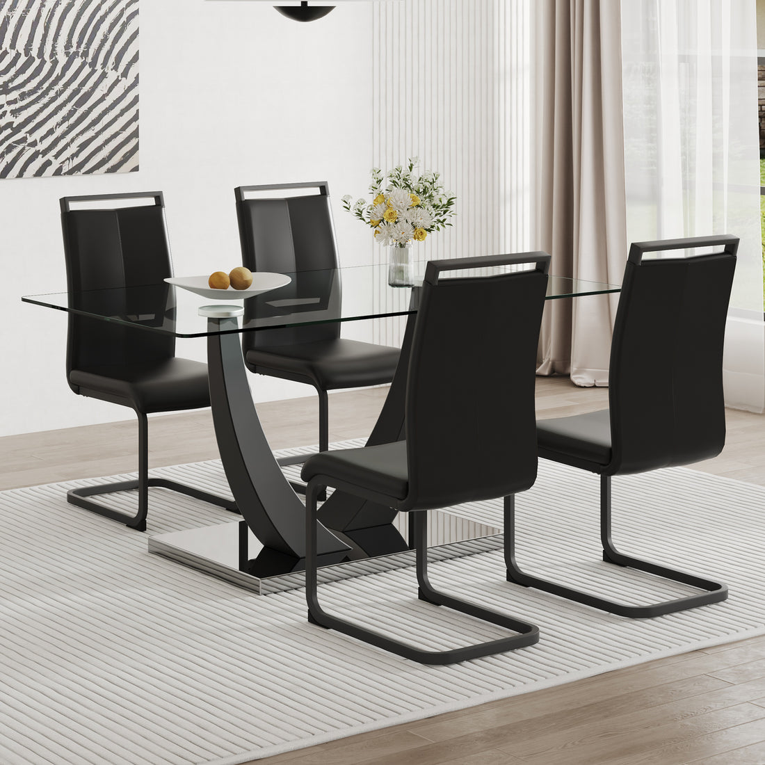 Table And Chair Set.Large Rectangular Glass Dining Table, 0.39 "Tempered Glass Countertop And Black Metal Shaped Bracket.Comes With Chairs With Faux Leather Cushions.Suitable For Kitchen, Dining Room. Black Seats 4 Glass Metal