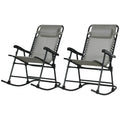 Outsunny 2 Piece Outdoor Rocking Chair Set, Patio Folding Lawn Rocker Set With Headrests For Yard, Patio, Deck, Backyard, Gray Grey Steel