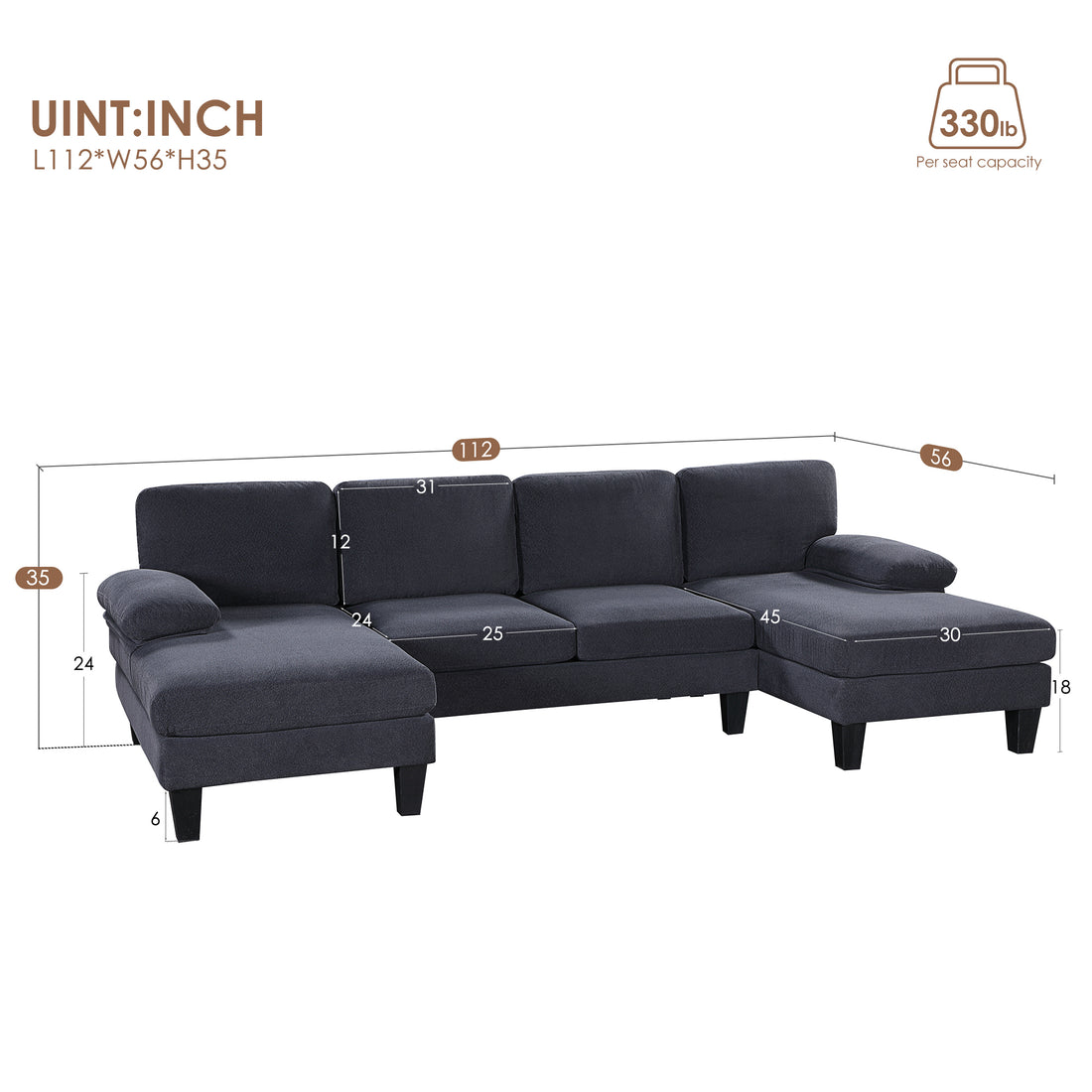 112*56" Granular Velvet Sofa,U Shaped Couch With Oversized Seat,6 Seat Sofa Bed With Double Chaise,Comfortable And Spacious Indoor Furniture For Living Room,Apartment,2 Colors Dark Gray Velvet 6 Seat