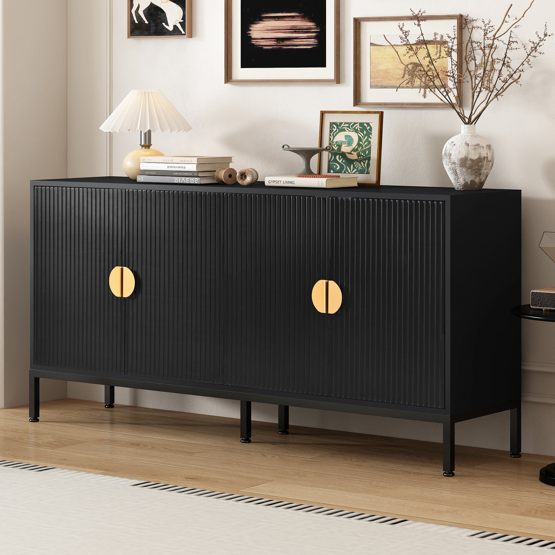 Exquisite Vertical Striped Four Door Sideboard With Sturdy Metal Legs And Semi Circular Handles, Suitable For Study, Entryway And Living Room Black Primary Living Space American Design Mdf