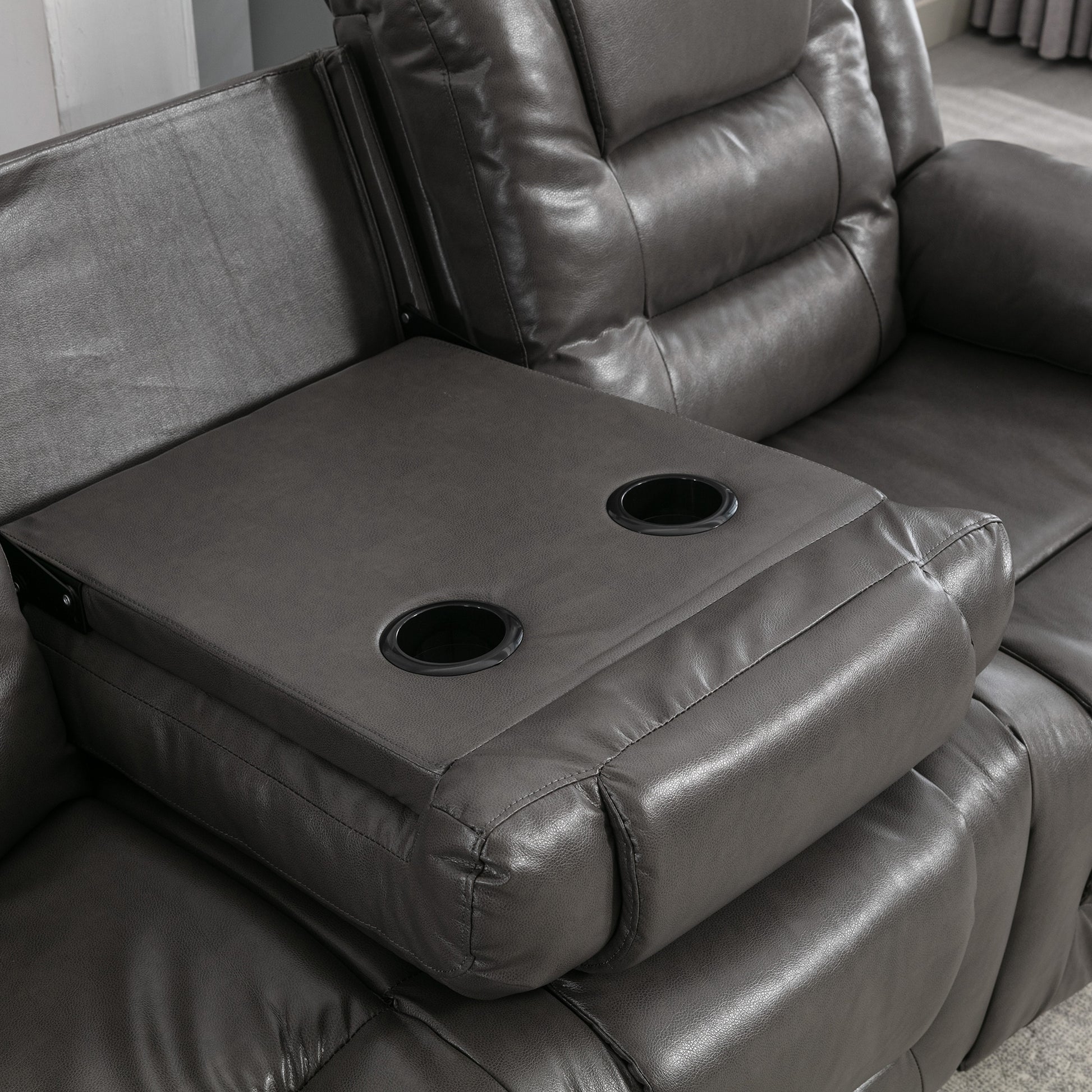 3 Seater Home Theater Recliner Manual Recliner Chair With Two Built In Cup Holders For Living Room,Bedroom, Grey Grey Foam Pu